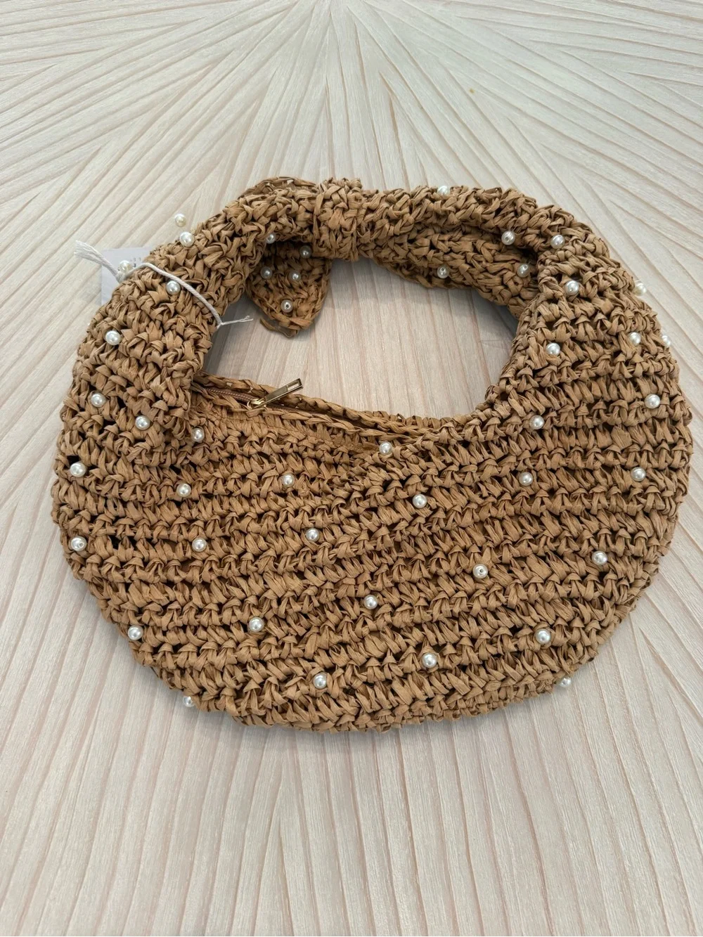 Haute Hippie Crescent Hobo Bag with Pearl Detail - Tan Raffia